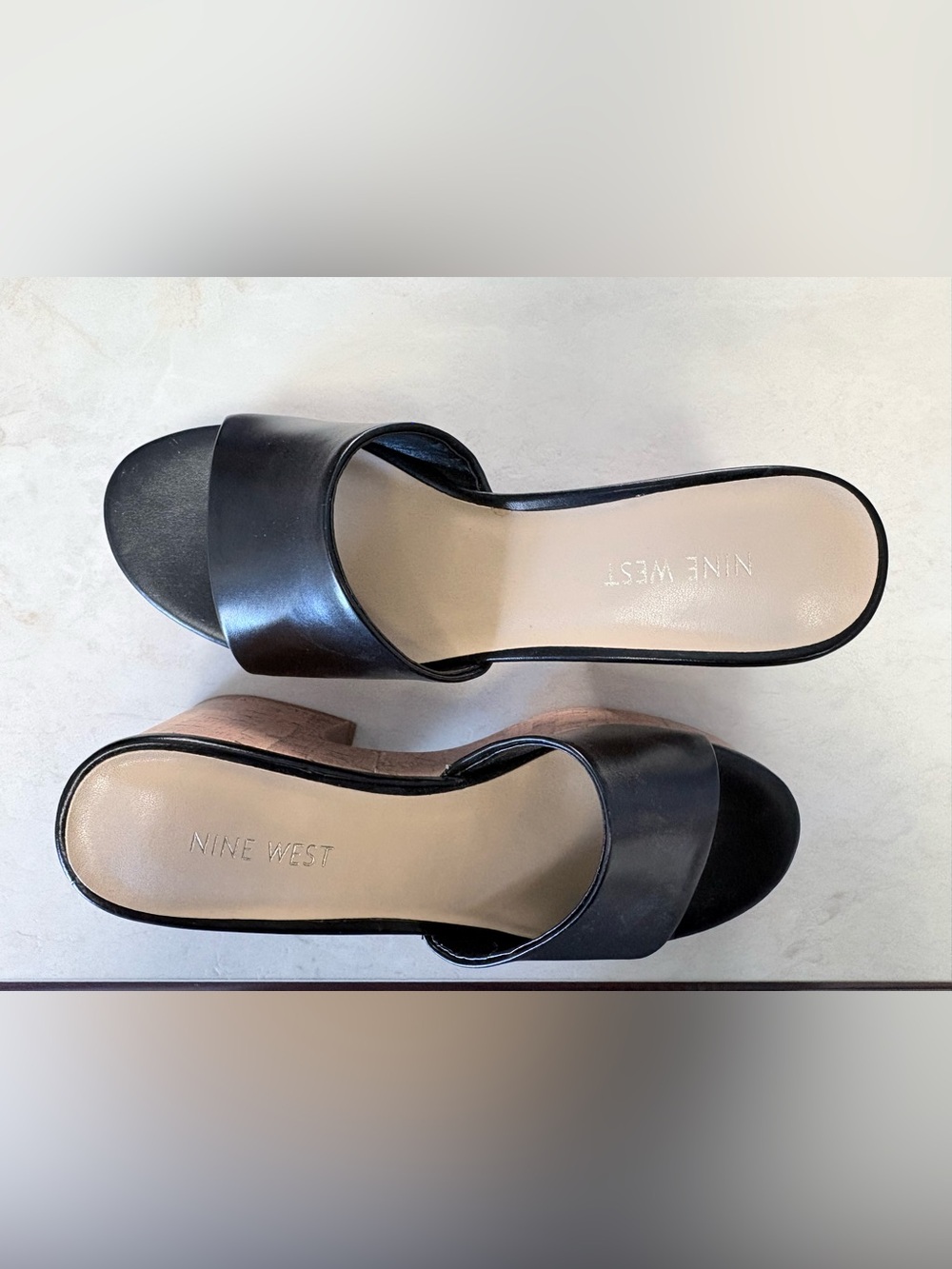Nine West Black Leather Slide Mules with Wood-Effect Block Heel